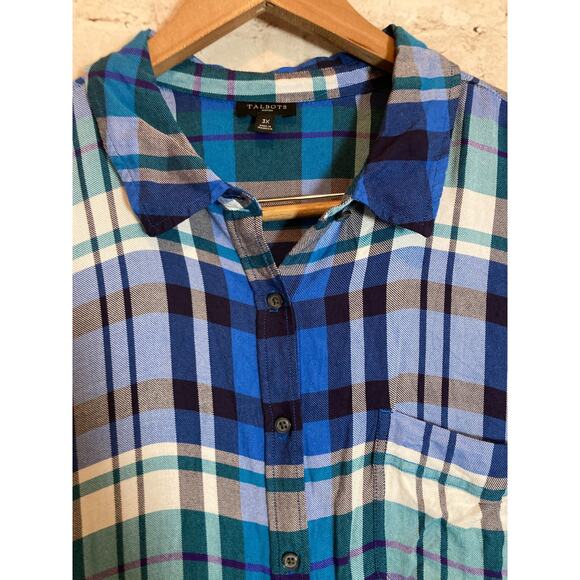 Talbots Top Womens 3X Cobalt Blue Plaid Button Up Lightweight Plus Long Sleeve - Picture 8 of 16